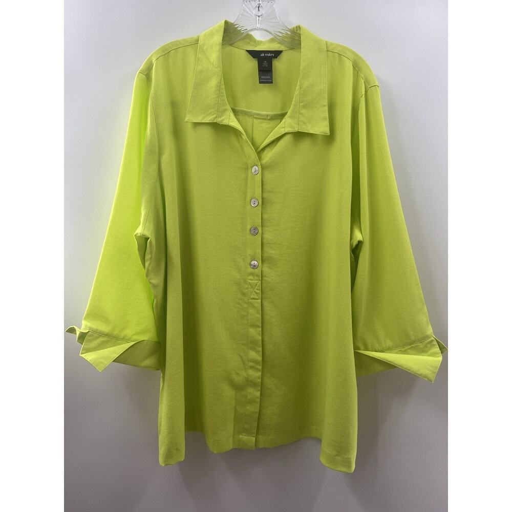 Ali Miles Women’s 3/4 Sleeve Button Front Neon Green Tunic Top Size 2X - Picture 1 of 9